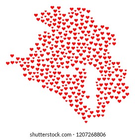 Collage map of Krasnodar Krai designed with red love hearts. Vector lovely geographic abstraction of map of Krasnodar Krai with red romantic symbols. Romantic design for dating projects.