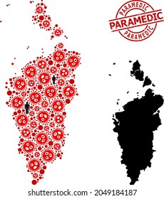 Collage map of Krasnoyarskiy Kray united from virus items and humans elements. Paramedic scratched seal stamp. Black people symbols and red viral elements.