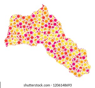 Collage map of Kurdistan formed with colored flat stars. Vector colored geographic abstraction of map of Kurdistan with red, yellow, orange stars. Festive design for Christmas illustrations.