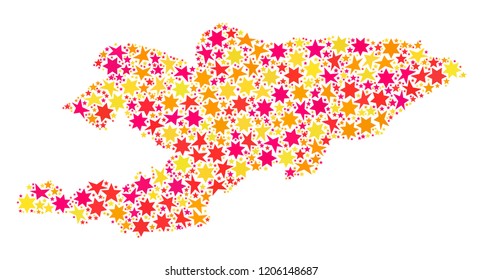 Collage map of Kyrgyzstan created with colored flat stars. Vector colored geographic abstraction of map of Kyrgyzstan with red, yellow, orange stars. Festive design for Xmas illustrations.