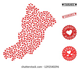 Collage map of La Graciosa Island designed with red love hearts, and grunge watermarks for dating. Vector lovely geographic abstraction of map of La Graciosa Island with red romantic symbols.