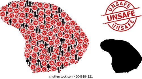 Mapa de collage de la isla de Lanai diseñado a partir de íconos de coronavirus y hombres. Sello de estanqueidad de grunge inseguro. Iconos del hombre negro y elementos del virus de la gripe roja. Frases inseguras dentro del sello de sello de sello de sello redondo.