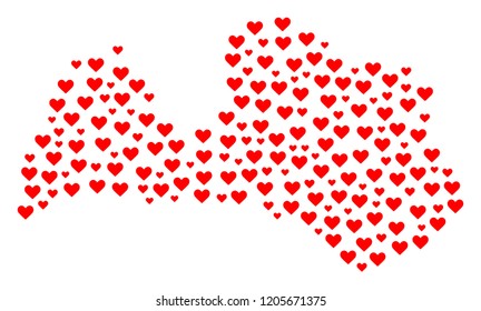 Collage map of Latvia formed with red love hearts. Vector lovely geographic abstraction of map of Latvia with red romantic symbols. Romantic design for wedding projects.