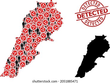Collage map of Lebanon designed from SARS virus elements and men icons. Detected scratched stamp. Black men items and red covid virus icons. Detected message is inside round seal stamp.