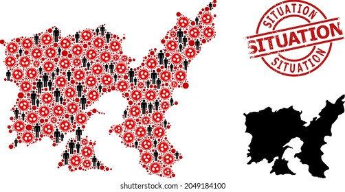 Collage map of Lemnos Island composed of virus outbreak elements and demographics elements. Situation scratched stamp. Black man items and red flu virus items. Situation text inside round seal stamp.