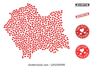 Collage map of Lesser Poland Province created with red love hearts, and rubber watermarks for dating. Vector lovely geographic abstraction of map of Lesser Poland Province with red romantic symbols.