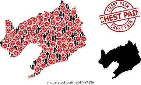 Collage map of Liaoning Province constructed from virus outbreak icons and population icons. Chest Pain grunge stamp. Black crowd items and red virus outbreak icons.