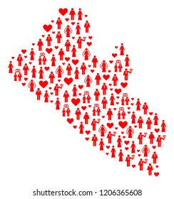 Collage map of Liberia created with red wedding men. Vector lovely geographic abstraction of map of Liberia with red valentine symbols. Romantic flat design for wedding illustrations.