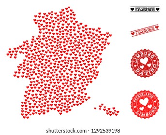 Collage map of Limburg Province composed with red love hearts, and rubber stamp seals for dating. Vector lovely geographic abstraction of map of Limburg Province with red romantic symbols.