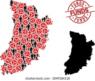Collage map of Lleida Province united from SARS virus items and demographics items. Funds scratched seal. Black person symbols and red flu virus icons. Funds text is inside round seal.