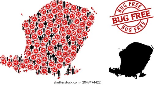 Collage map of Lombok Island composed of virus outbreak elements and men elements. Bug Free grunge seal stamp. Black men elements and red flu virus elements.