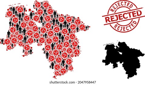 Collage map of Lower Saxony State organized from covid infection elements and humans elements. Rejected textured seal. Black crowd elements and red covid infection icons.