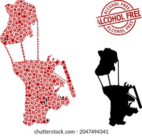 Collage map of Macau composed of coronavirus items and men items. Alcohol Free scratched seal. Black men items and red covid items. Alcohol Free text inside round seal.