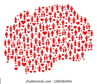 Collage map of Macedonia created with red marriage ladies and gentlemens. Vector lovely geographic abstraction of map of Macedonia with red marriage symbols. Romantic flat design for wedding projects.