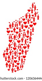Collage map of Madagascar Island created with red lovely ladies and gentlemens. Vector lovely geographic abstraction of map of Madagascar Island with red valentine symbols.