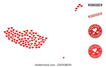 Collage map of Madeira Islands formed with red love hearts, and grunge watermarks for Valentines day. Vector lovely geographic abstraction of map of Madeira Islands with red romantic symbols.