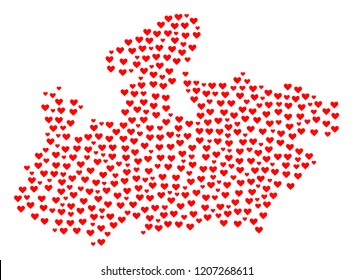 Collage map of Madhya Pradesh State formed with red love hearts. Vector lovely geographic abstraction of map of Madhya Pradesh State with red romantic symbols. Romantic design for dating applications.