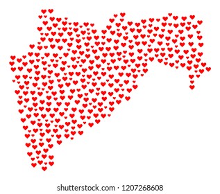 Collage map of Maharashtra State created with red love hearts. Vector lovely geographic abstraction of map of Maharashtra State with red romantic symbols. Romantic design for dating projects.