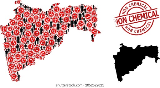 Collage map of Maharashtra State designed from covid-2019 icons and humans items. Non Chemical distress watermark. Black crowd icons and red covid-2019 icons.