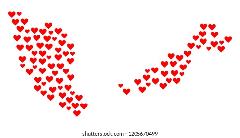Collage map of Malaysia composed with red love hearts. Vector lovely geographic abstraction of map of Malaysia with red romantic symbols. Romantic design for political purposes.
