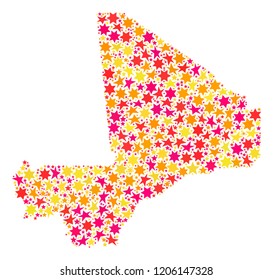 Collage map of Mali formed with colored flat stars. Vector colored geographic abstraction of map of Mali with red, yellow, orange stars. Festive design for Xmas illustrations.