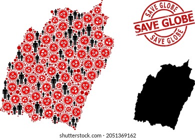 Collage map of Manipur State designed from coronavirus items and demographics items. Save Globe distress seal. Black men symbols and red coronavirus items. Save Globe title is inside round seal stamp.