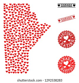 Collage map of Manitoba Province composed with red love hearts, and rubber stamp seals for dating. Vector lovely geographic abstraction of map of Manitoba Province with red dating symbols.