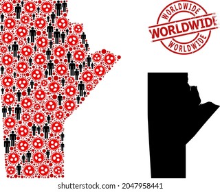 Collage map of Manitoba Province composed of flu virus items and demographics elements. Worldwide grunge stamp. Black crowd elements and red sars virus items.
