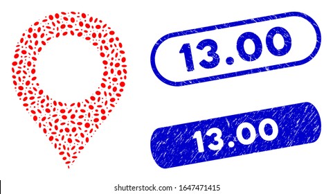 Collage map marker and grunge stamp seals with 13.00 phrase. Mosaic vector map marker is designed with random oval pieces. 13.00 stamp seals use blue color, and have round rectangle shape.