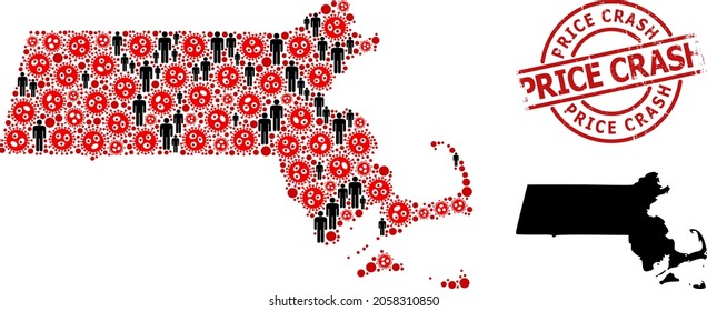 Collage map of Massachusetts State constructed from flu virus elements and demographics items. Price Crash distress stamp. Black men items and red virus outbreak items.