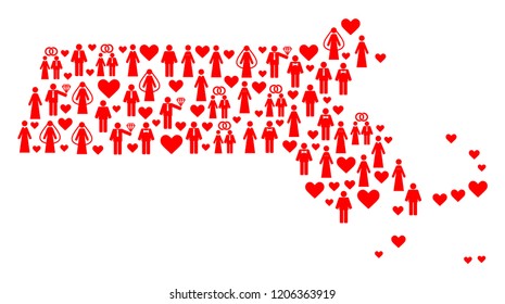 Collage map of Massachusetts State designed with red lovely persons. Vector lovely geographic abstraction of map of Massachusetts State with red wedding symbols.