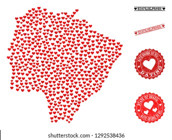 Collage map of Mato Grosso do Sul State created with red love hearts, and rubber stamp seals for dating.