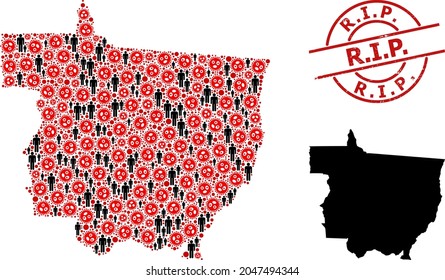 Mapa de grupos del estado de Mato Grosso diseñado a partir de elementos de virus codificados e iconos humanos. Q.E.P.D. sello de precinto de socorro. Iconos del hombre negro e iconos rojos de covid-2019. Q.E.P.D. el mensaje está dentro del sello de sello de sello redondo.