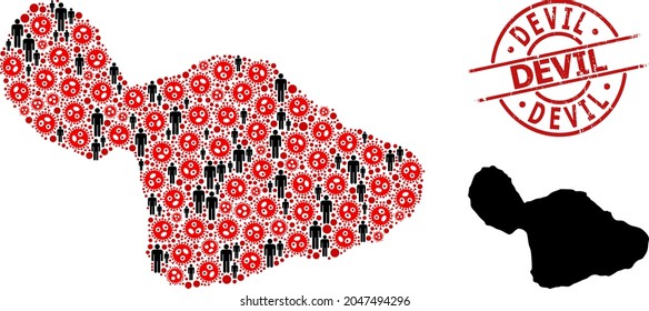 Collage map of Maui Island constructed from covid icons and people icons. Devil scratched watermark. Black people icons and red covid infection icons. Devil title inside round stamp.