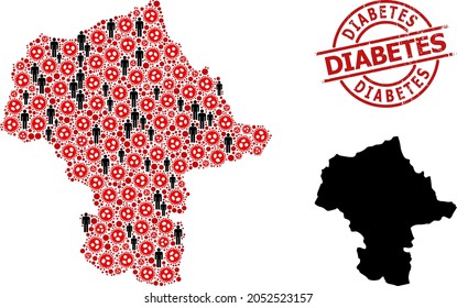 Collage map of Mazovia Province constructed from covid infection icons and humans items. Diabetes scratched seal. Black man symbols and red covid infection items.