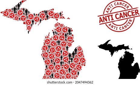 Collage map of Michigan State composed of sars virus items and men items. Anti Cancer textured seal. Black men items and red flu virus icons. Anti Cancer message is inside round seal stamp.