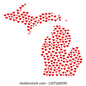 Collage map of Michigan State designed with red love hearts. Vector lovely geographic abstraction of map of Michigan State with red romantic symbols. Romantic design for patriotic projects.
