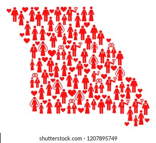 Collage map of Missouri State designed with red lovely people. Vector lovely geographic abstraction of map of Missouri State with red romantic symbols. Romantic flat design for dating purposes.