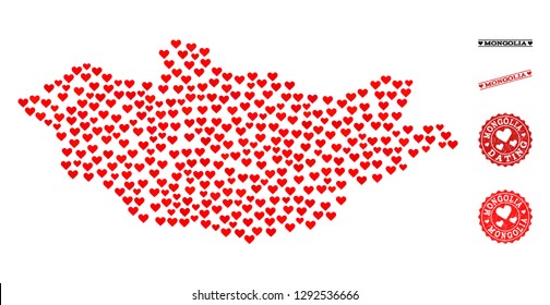 Collage map of Mongolia composed with red love hearts, and grunge watermarks for Valentines day. Vector lovely geographic abstraction of map of Mongolia with red romantic symbols.