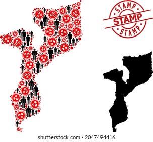 Mapa de grupos de Mozambique construido a partir de íconos del coronavirus e íconos de la población. Sello texturado de sello. Iconos de hombres negros e íconos de coronavirus rojo. El texto del sello está dentro del sello de sello de sello redondo.