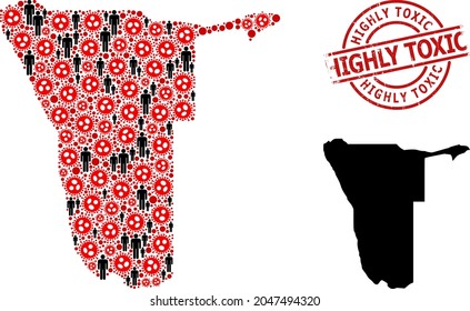 Collage map of Namibia designed from covid virus elements and population elements. Highly Toxic grunge seal. Black people icons and red SARS virus icons.