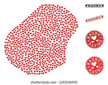 Collage map of Nauru composed with red love hearts, and rubber stamp seals for Valentines day. Vector lovely geographic abstraction of map of Nauru with red romantic symbols.