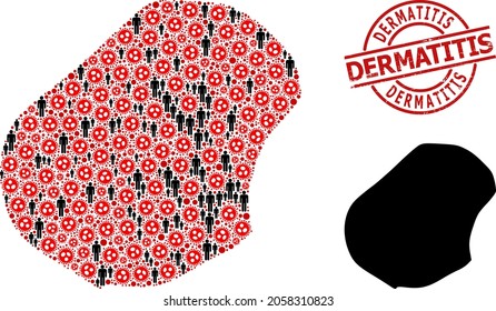 Collage map of Nauru organized from SARS virus icons and men elements. Dermatitis textured seal stamp. Black men symbols and red viral elements. Dermatitis message inside round seal stamp.