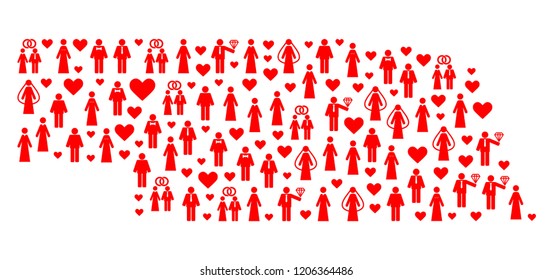 Collage map of Nebraska State composed with red lovely brides and grooms. Vector lovely geographic abstraction of map of Nebraska State with red romantic symbols.