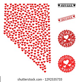 Collage map of Nevada State created with red love hearts, and rubber watermarks for dating. Vector lovely geographic abstraction of map of Nevada State with red dating symbols.
