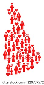 Collage map of New Hampshire State formed with red lovely brides and grooms. Vector lovely geographic abstraction of map of New Hampshire State with red romantic symbols.