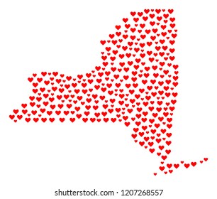 Collage map of New York State composed with red love hearts. Vector lovely geographic abstraction of map of New York State with red romantic symbols. Romantic design for patriotic posters.