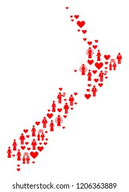 Collage map of New Zealand designed with red lovely ladies and gentlemens. Vector lovely geographic abstraction of map of New Zealand with red romantic symbols.