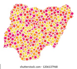 Collage map of Nigeria formed with colored flat stars. Vector colored geographic abstraction of map of Nigeria with red, yellow, orange stars. Festive design for New Year illustrations.