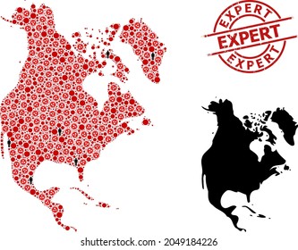 Collage map of North America composed of covid virus elements and demographics elements. Expert grunge badge. Black people icons and red covid virus icons. Expert title is inside round seal stamp.